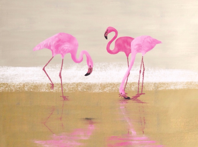 Ilustracja: Różowe flamingi na złotym tle